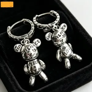 Women’s Retro Asymmetric Earrings, 925 Silver Pin Jewelry With Bear And Heart Animal Patterns For Daily Fashion Matching