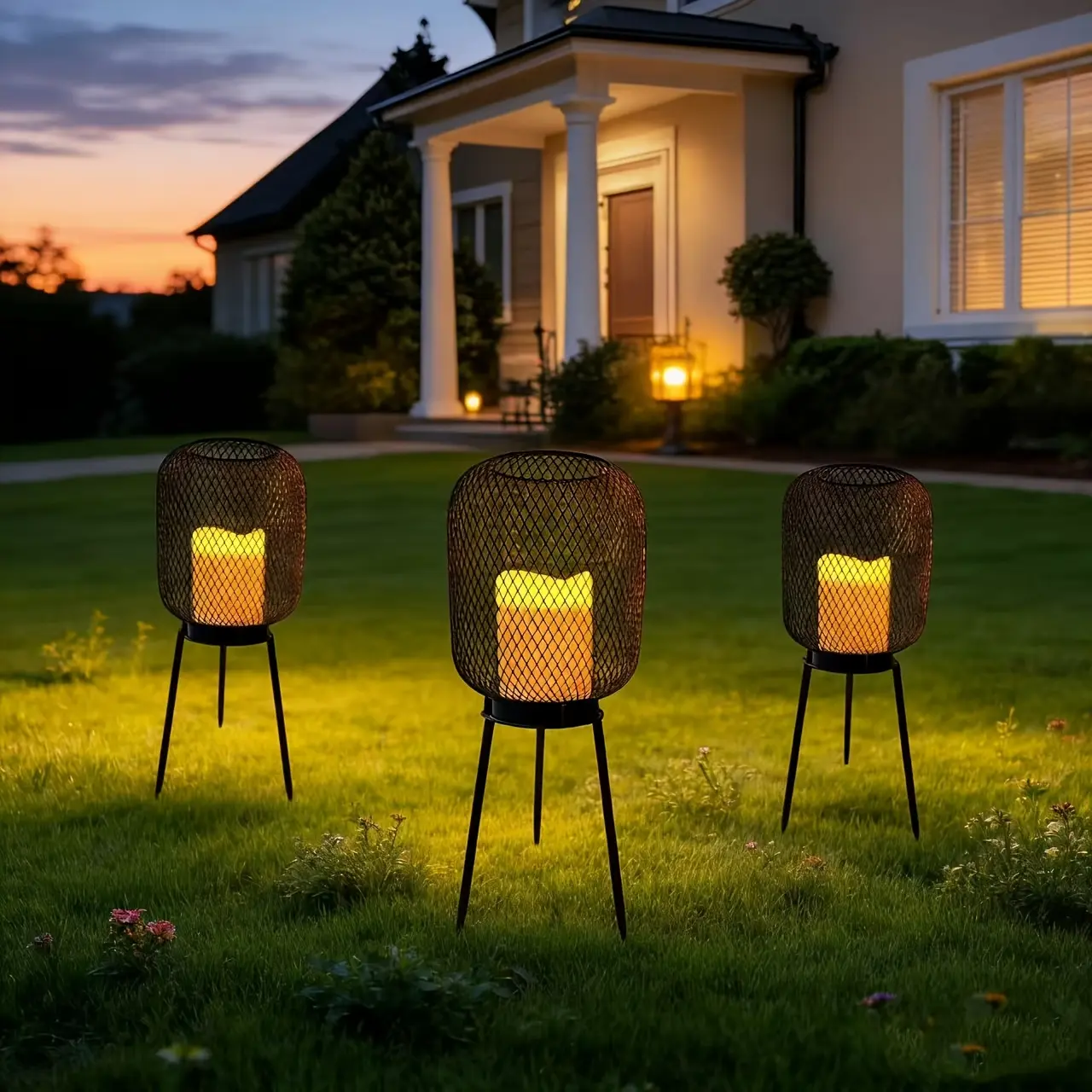 Solar Flickering Flame Pathway Light, Black Metal Tripod Outdoor Garden Lantern for Lawn Patio Porch Walkway Decor