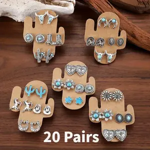 Women's 20-Pair Western Stud Earrings Set - Vintage Alloy Earrings with Turquoise Bull Skull, Cactus, Horseshoe, Flower Designs, Ideal for Daily Wear & Gifting (Sports & Outdoor Leisure Accessory), Turquoise Jewelry