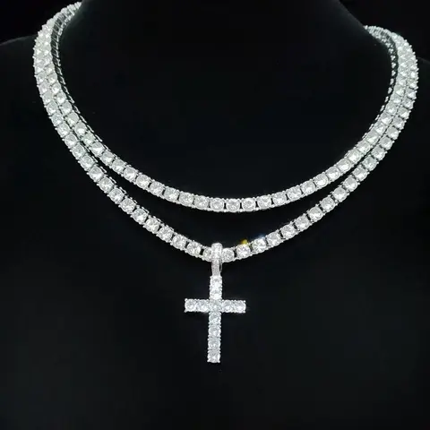 Luxury Artificial Zircon Necklace for Girlfriend, Rhinestone Cross Necklace, Streetwear Punk Hip Hop Matching Jewelry for Party, Daily Clothing Decor for Girl, Cross Pendant Necklace