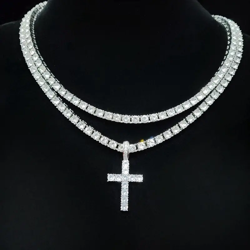 Luxury Artificial Zircon Necklace for Girlfriend, Rhinestone Cross Necklace, Streetwear Punk Hip Hop Matching Jewelry for Party, Daily Clothing Decor for Girl, Cross Pendant Necklace