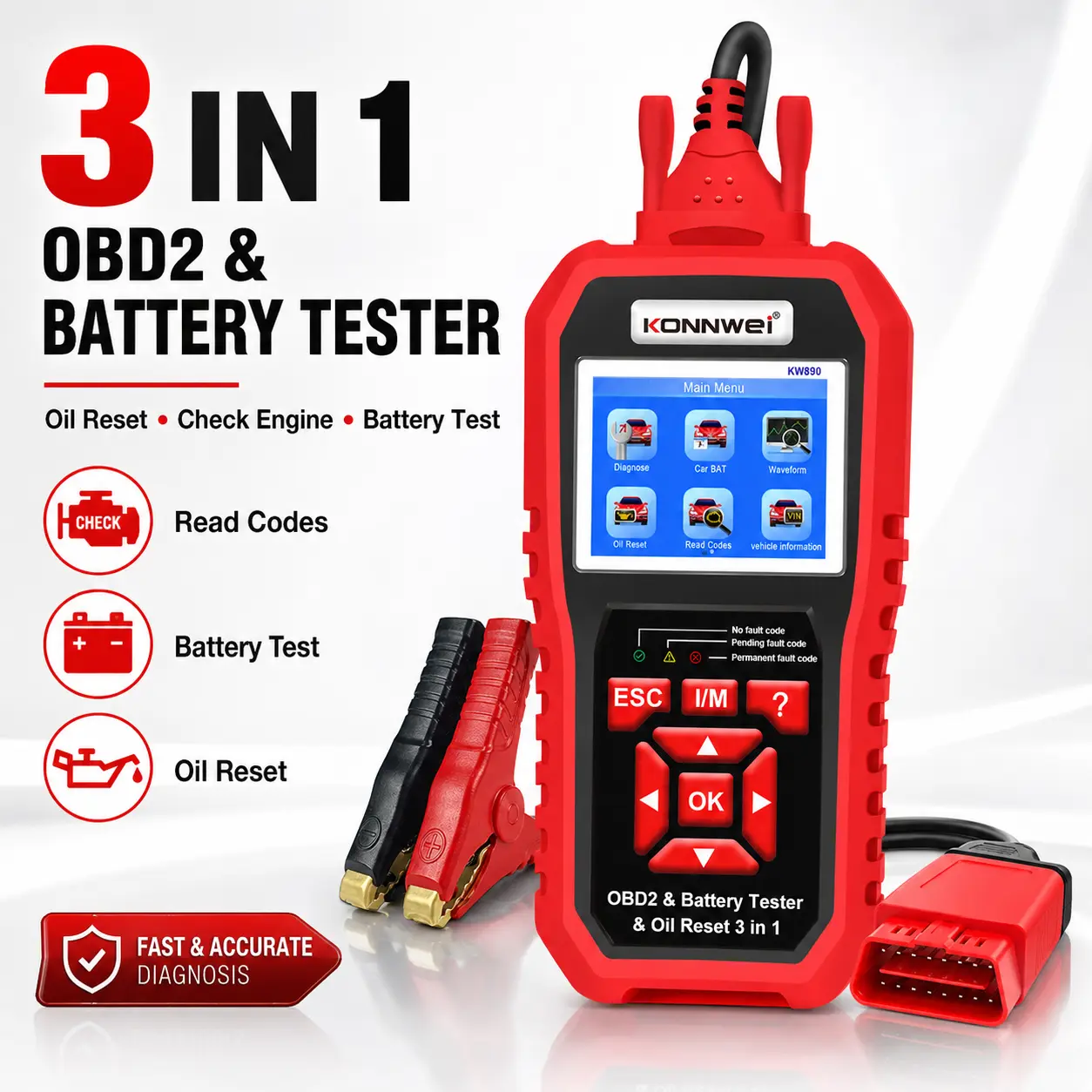 3-in-1 OBD2 Scanner and Battery Tester with Oil Reset, Automotive Check Engine Code Reader, Read Clear Fault Codes, Live Data Waveform, VIN Information and Battery Health Test for Compatible Vehicles
