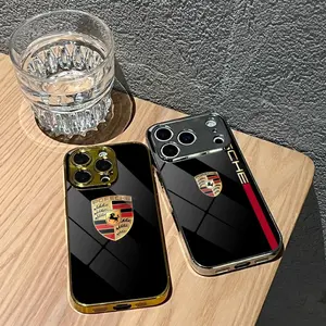 PIKPAKA P-PorscheS Sports Car Logo Simple Luxury Fashion Phone Case For IPhone 17 16 15 14 13 12 Pro Max Plus Electroplated Metal Bumper Case Slim Tempered Glass Back Advanced Materials Shockproof Anti-Scratch Luxury Case Fashion Durable Stylish