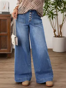 Women's Versatile Comfortable Basic Denim Jeans, Wide Leg Plus Size Fashion Trendy Long Pants, Elegant Fitted Plain Design, All Seasons Wear