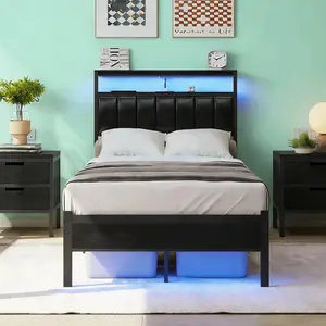 Twin Size Bed Frame with Charging Station and LED Lights, Black Upholstered Headboard with 2-Tier Storage Shelves, Metal Bed Frame with Headboard, No Box Spring Needed, Easy Assembly, Black