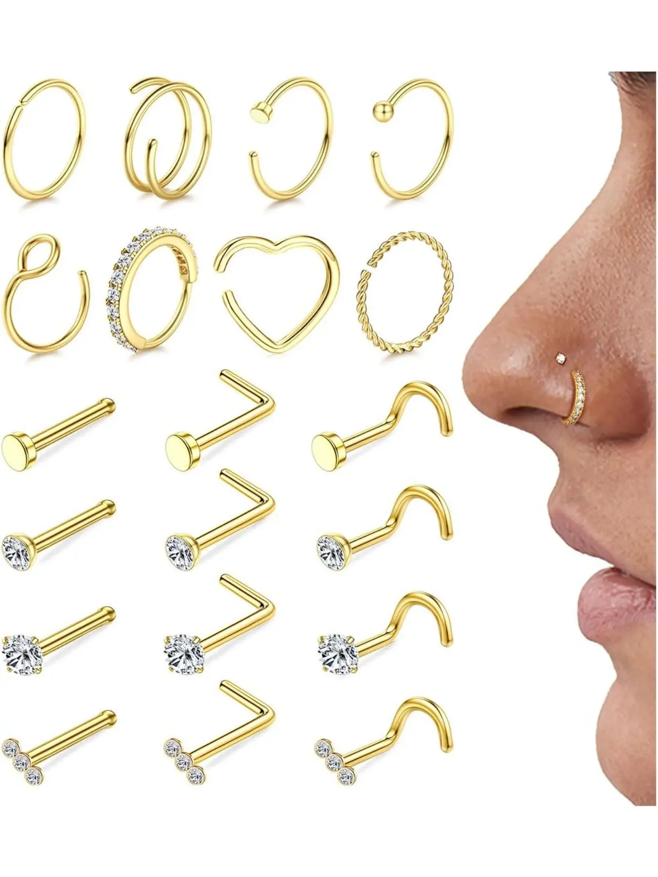 18g 20g Nose Rings Hoops Nose Studs - Hypoallergenic Surgical Steel CZ Nose Stud L Shape Body Nostril Piercing Jewelry for Women Men 14k Gold Plated 20Pcs