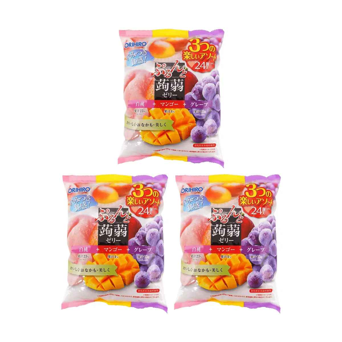 3 Pack ORIHIRO Konjac Jelly Mixed Peach Mango Purple Grape - Japanese Fruit Jelly Snack, 0 Fat Low Calorie, 24 Pieces 16.8 oz Each