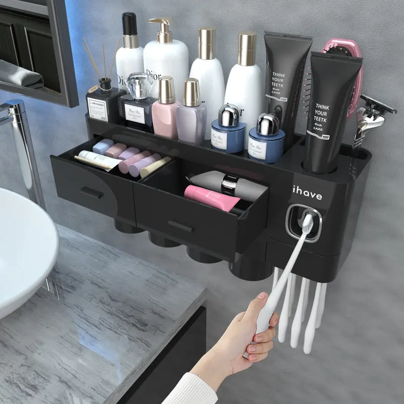 iHave ABS Waterproof Dustproof Toothbrush Holder - Wall Mounted Durable Easy-to-Use Bathroom Decor Organiser with 4 Cups, Toothpaste Dispenser, Large Capacity Tray, 2 Cosmetic Drawers, Patented Adhesive Strip