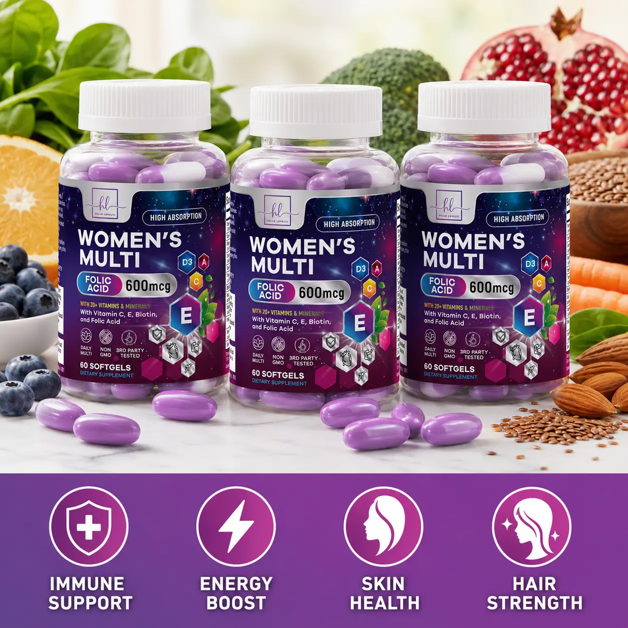 Women's Daily Multivitamin Mineral Dietary Supplement Softgels for Adults - Biotin, Calcium, Folic Acid, Iron, Zinc, Essential Vitamins - Hair & Nail Care, Body Health, Healthier Choice, 60 Softgels