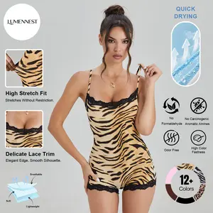 LUMENNEST Women's Abstract Tiger Print Thin Strap Lace Trim Soft Playsuit, Minimalist Stretch Sleeveless Shapewear, Sport & Outdoor Clothing tiktokshopspringglowup