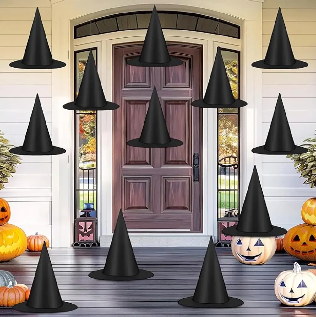 12 PCS Black Halloween Witch Hats, Hanging Porch Yd Decor with 328 FT Nylon Cord, Lightweight Indoor Outdoor Home Hanging Decor, Witch Costume Accessories, Spooky Tree Ornaments, Decoration