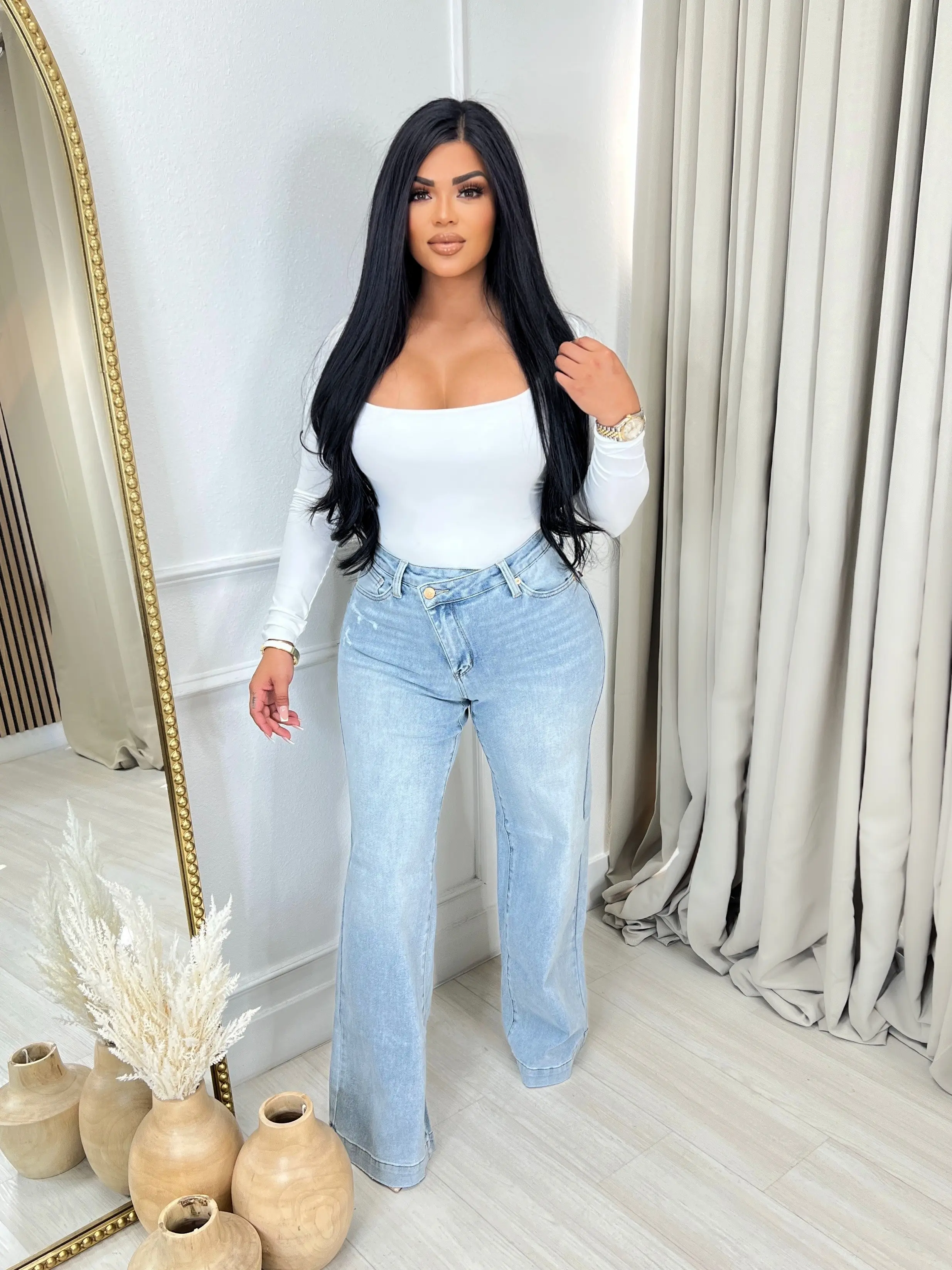 Chrissy Judy Blue High Waist Retro Wide Criss-Cross Wide Bottom Mild Destroy