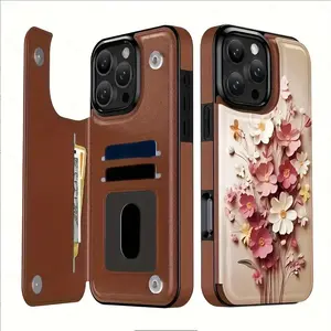 Creative Art Beige Small Flower Pattern Leather Card Holder Phone Case, Suitable for iPhone 17 Air/16 Plus/15 Pro Max/14 Pro/13/12/11/XS Max/X Phone Case, Perfect Gift for Thanksgiving and Christmas for Family, Friends, Lovers, Boyfriend, Girlfriend