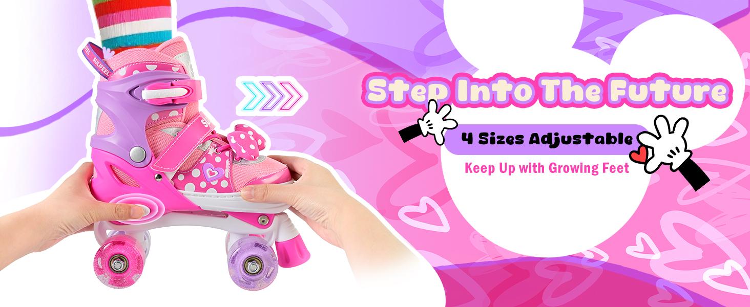 SULIFEEL Roller Skates for Girls Ages 3-12, 4 Sizes Adjustable Kids Quad Skates with Light up Wheels-Birthday Gift for Indoor Outdoor Sports