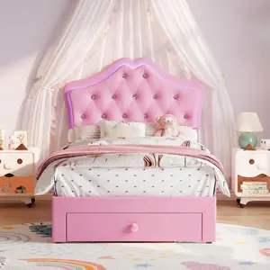 Twin Size Modern Upholstered Princess Bed Frame - Velvet with Crystal Buttons, Storage Drawers, LED Lights, Noise-Free Platform Bed for Kids, No Box Spring Needed