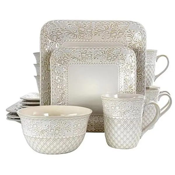 Elama Ivory Lotus 16 Piece Square Stoneware Dinnerware Set