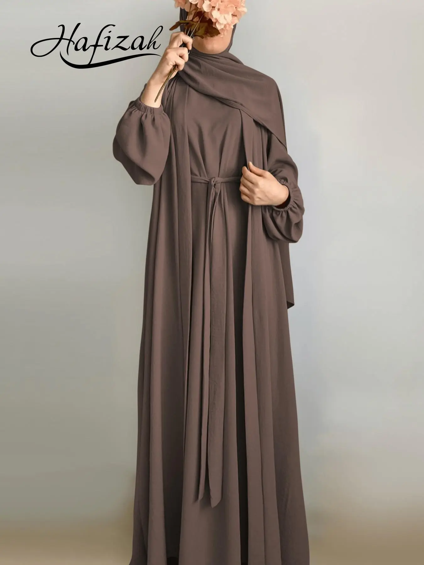 Hafizah Simple Tie-Waist Two-Piece Set Belted Loose Fit Abaya, Lantern Sleeve Loose Long Outer Robe, Muslim Commuter Women's Clothing, Islamic Modesty Clothes, Modest Muslim Outfits