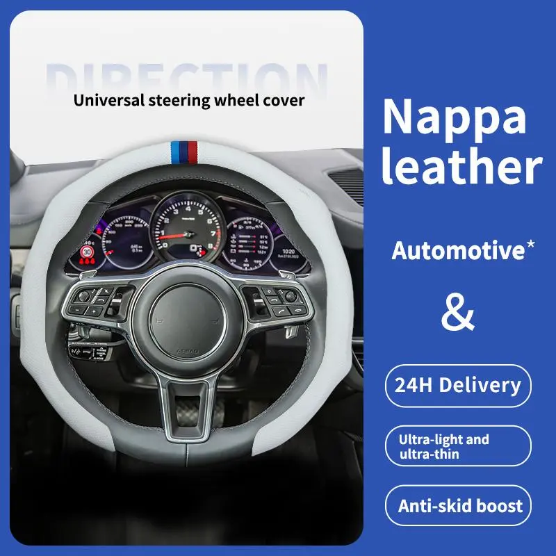 Nappa Leather Steering Wheel Cover, Ultra-Thin Breathable Anti-Slip Stylish Easy-Install Vehicle Accessory for Summer Long Drives, Keeps Hands Cool and Dry, Enhances Driving Experience, Universal-Fit, Black