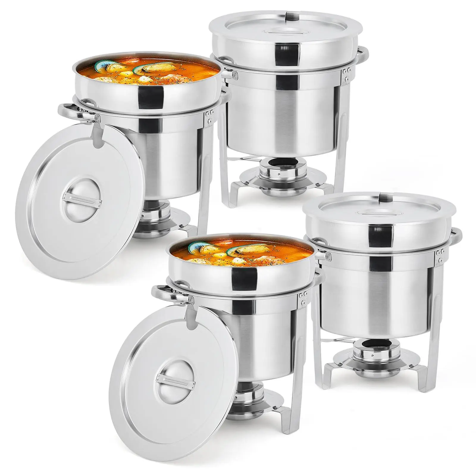 GARVEE 7QT Commercial-Grade Soup Chafer Set of 4, Stainless Steel Round Food Warmers with Pots, Notched Lids & Fuel Holders, Commercial Buffet Equipment