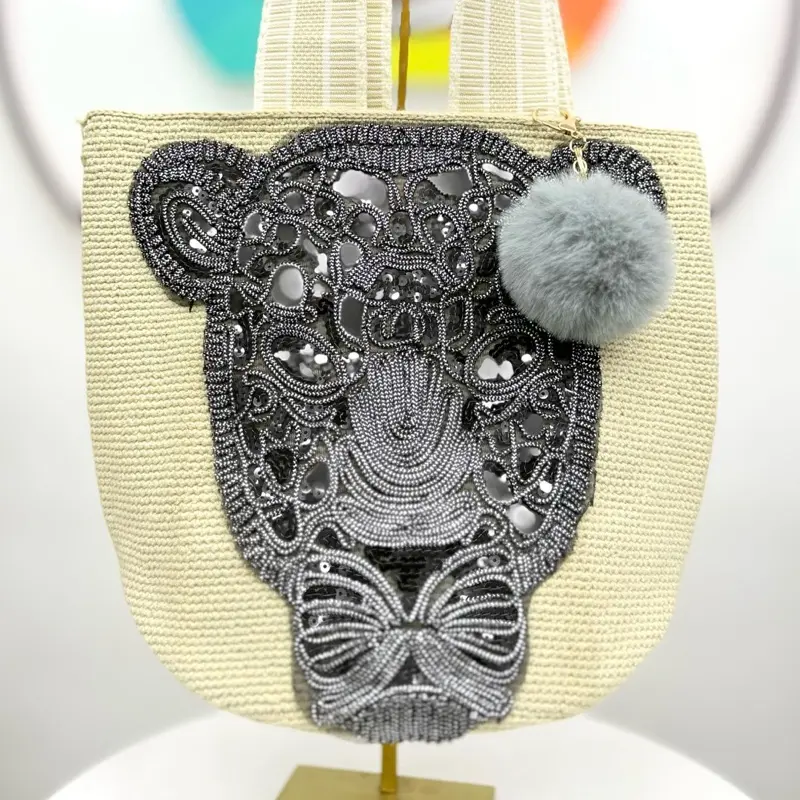 Handmade Ivory Wayuu Elephant Tote Bag | Beaded Crochet Shoulder Bag | Colombian Artisan Handbag