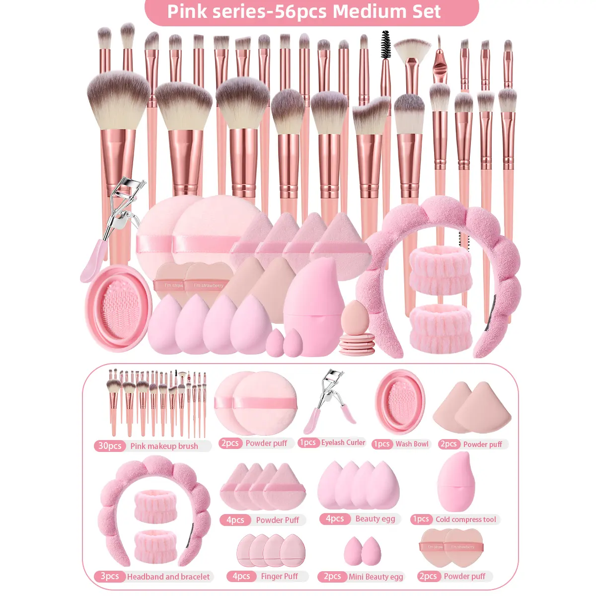 56Pcs All-In-1 Makeup Brush Set for Beginners - 30 Brushes, 10 Puffs, 4 Beauty Sponges, 2 Mini Blender Sponges, 4 Finger Puffs, 1 Eyelash Curler, Cleaner, Cold Compress Tool, Fleece Headband, 2 Wrist Bands - Daily Gift Cosmetic Kit