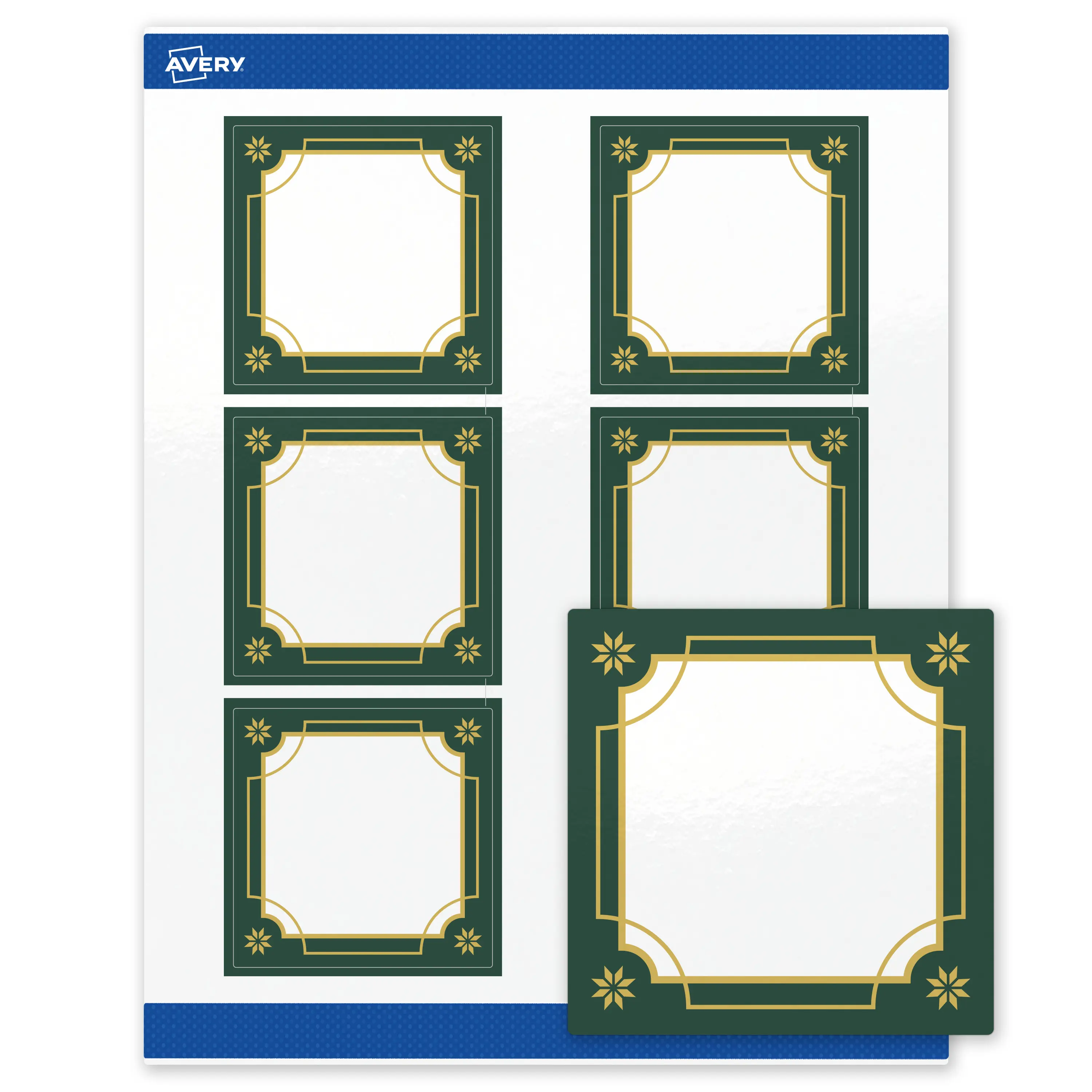 Avery® Printable Christmas Labels with Sure Feed® Technology, Square, 3" x 3", Pre-Printed Green & Metallic Gold Border Design, Glossy White, Laser & Inkjet Compatible, 60 Total