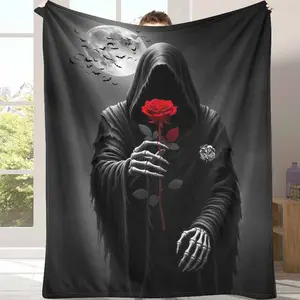 Gothic Grim Reaper Flannel Blanket - Moonlight & Red Rose Print, Soft Warm Breathable Wrinkle-Fade Resistant Lightweight, Romance Gift for Sweet Home Decor Bedroom Halloween Party