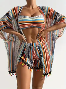 Women's Fashion Paisley Pattern Holiday Set - 2025 Trendy Rainbow Color Tassel Style Niche Swimsuit Four-Piece Set, Multicolor Print Drawstring Design Swim Shorts with Sun Protection Hooded Tassel Shorts Swimwear