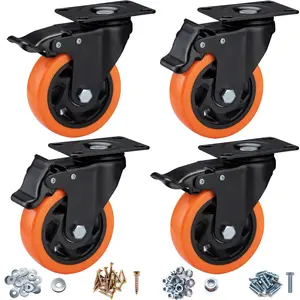 4" Caster Wheels Set of 4 Heavy Duty, Orange Polyurethane Top Plate Swivel Locking Casters with Brake for Furniture and Workbench
