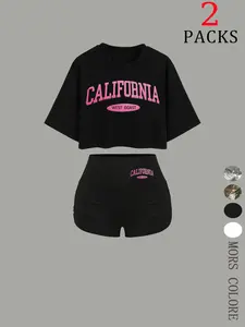 Women's California Print Crop Tee Round Neck & Skinny Shorts Two-Piece Set, Casual Fashion Cozy Breathable Two Piece Outfits for Daily Outdoor Wear, Ladies Clothes for Summer, Casual Streetwear Set, Suits