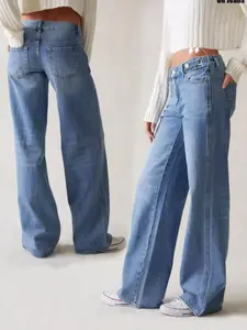 Women's Plain Button Fly Design Jeans, Casual Pocket Design Denim Trousers Pants for Daily Wear Everyday, Ladies Bottoms for All Seasons, Basic Bottoms