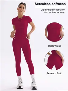Women's Slim Fit Round Neck Top & High Waist Pants Set, Elastic Nylon Fabric, Casual All Season, Dance Yoga Running Gym Wear, Sporty Breathable Outfits