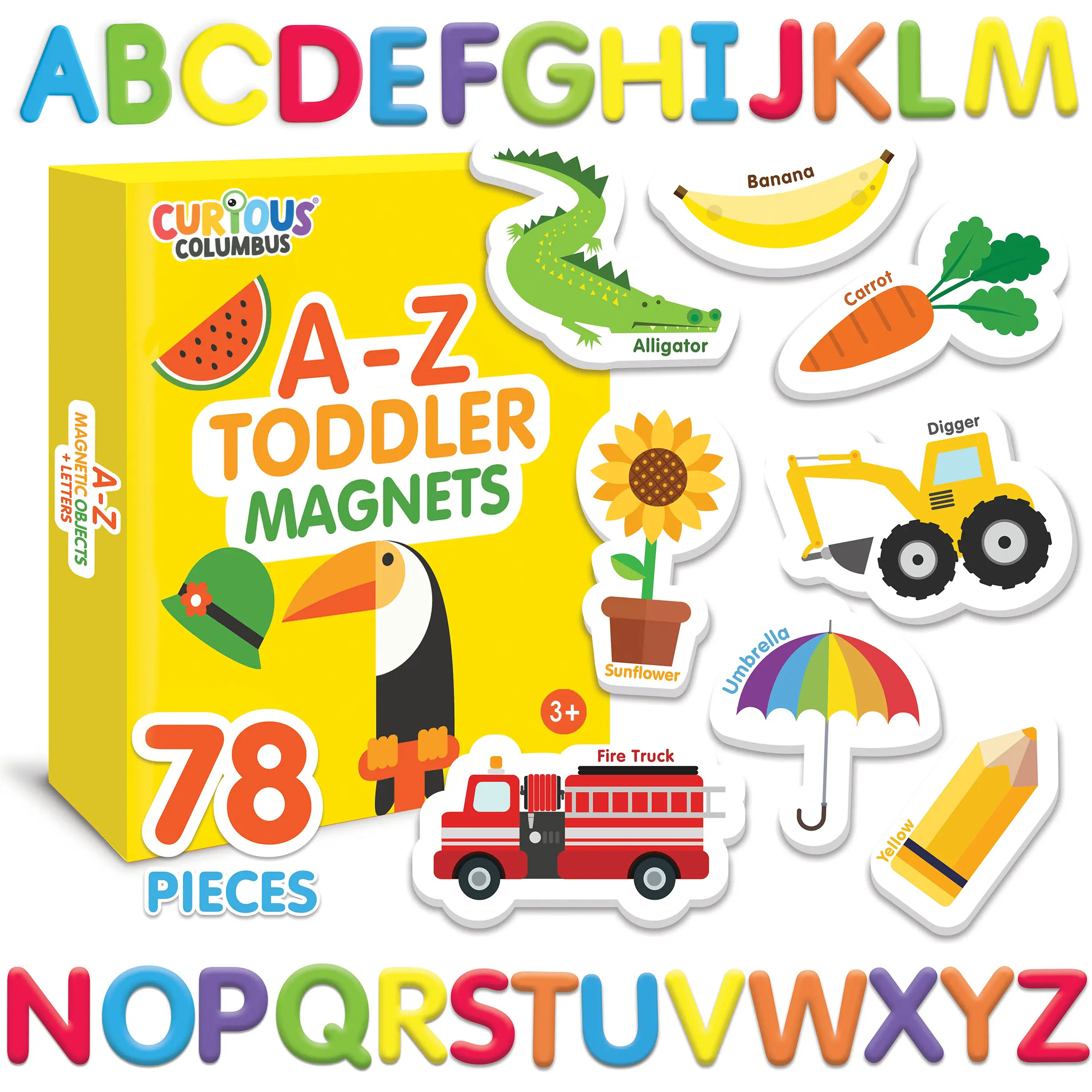 Curious Columbus Magnetic Objects and Letters Set of 78 Foam Magnets Including 52 Pictures and 26 Uppercase Alphabet Magnets for Preschool Learning Educational Toy for Toddlers