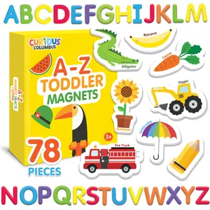 Curious Columbus Magnetic Objects and Letters Set of 78 Foam Magnets Including 52 Pictures and 26 Uppercase Alphabet Magnets for Preschool Learning Educational Toy for Toddlers