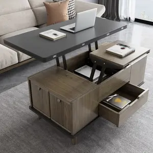 Guyii 3-in-1 Lift Top Coffee Table with Wheels Hidden Storage & 4 Stools Multi-Functional Expandable Table for Living Room Dining Home Office Grey-Brown Foldable Design Modern Minimal Aesthetic summerwins