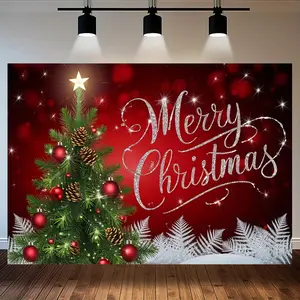 Festive Polyester Christmas Banner Merry Christmas Design with Red Background Green Tree Snowflakes Versatile Holiday Decor for Home Parties and Studio Backdrops