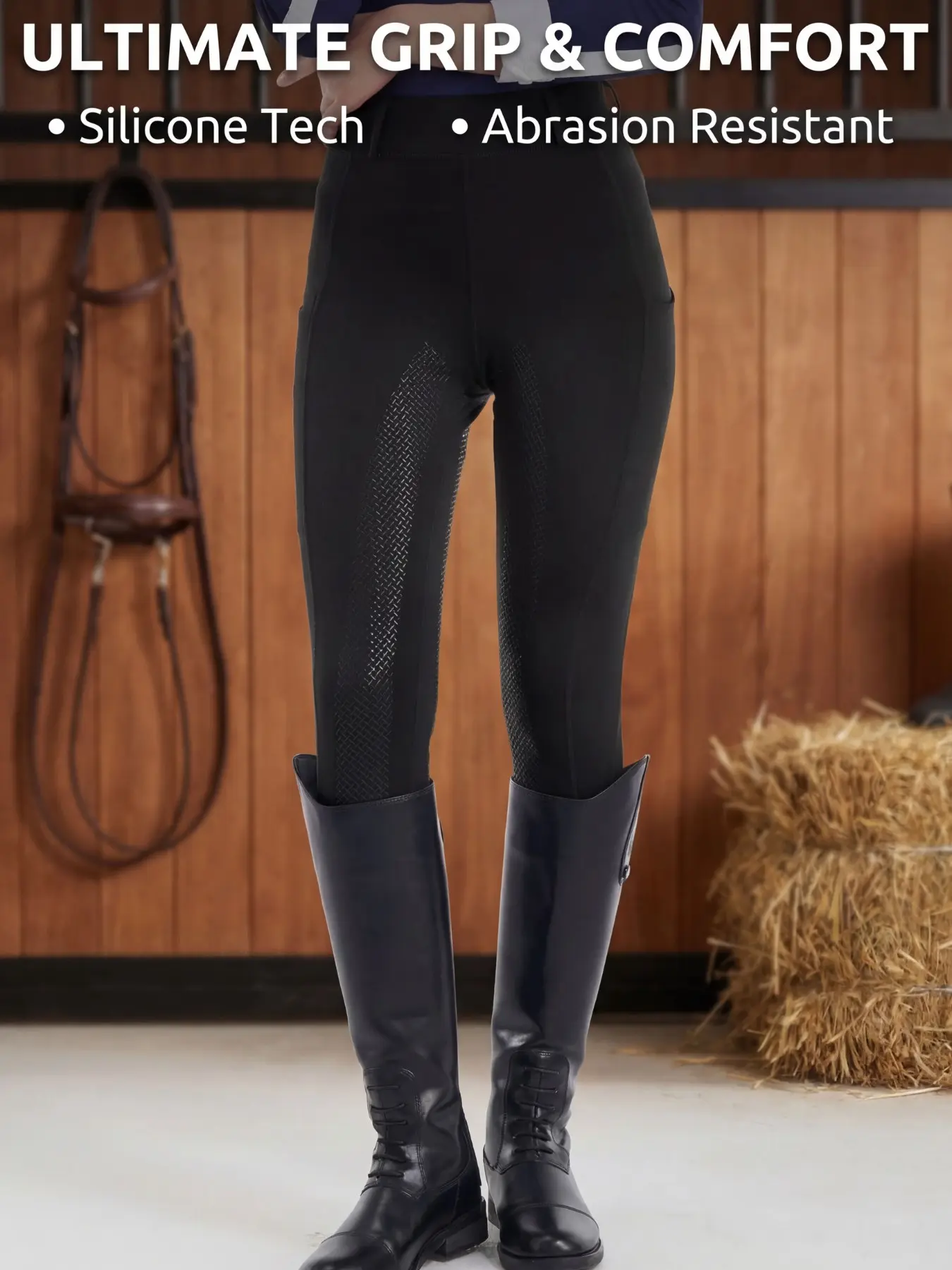 Women's High-Waisted Tight-Fitting Anti-Slip, Abrasion Resistant Riding Pants, Sports Bottoms, Athletic Bottoms, Fitted Bottom, Comfortable Fabric, Equestrian Gear with Silicone Grip Straps
