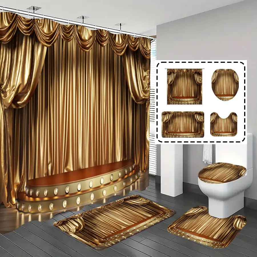 1pc/4pcs, bathroom curtains shower, bathroom set, shower curtains, bathroom decor, Bathroom Decoration Accessories, bathroom rug, home decoration, bathroom mat, golden curtain pattern, simple luxurious decoration, with 12 hooks, Shower Curtain Sets