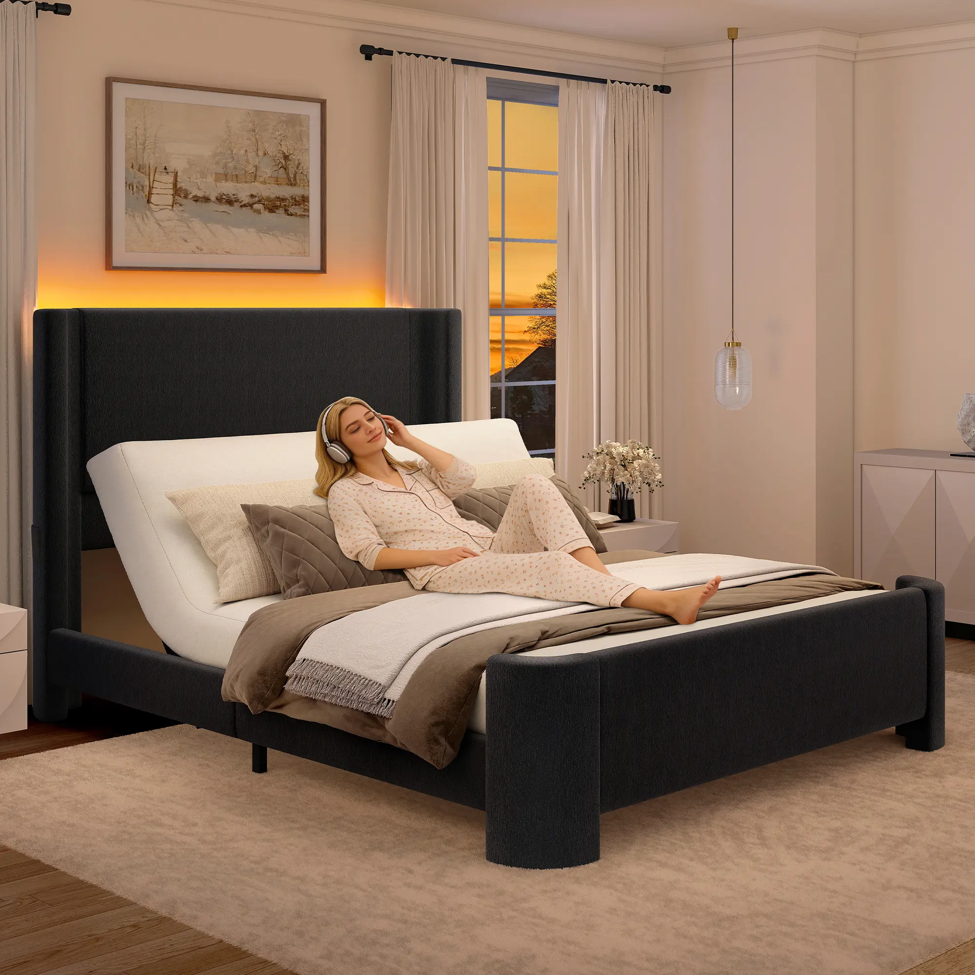 SIBEDS Adjustable Bed Frame with 0-60° Motorized Incline,Smart RGB LED Lights & App Control,1000LBS Heavy Duty Upholstered Platform Bed,No Box Spring Needed,Queen/Full familyfun