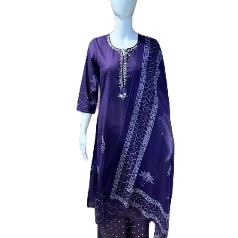 Women's Ethnic 3-Piece Purple Cotton Kurta Set, Modest Islamic Everyday Wear with Round Neck, 3/4 Sleeve, Matching Bottom, Comfortable Fabric, Up to 3XL
