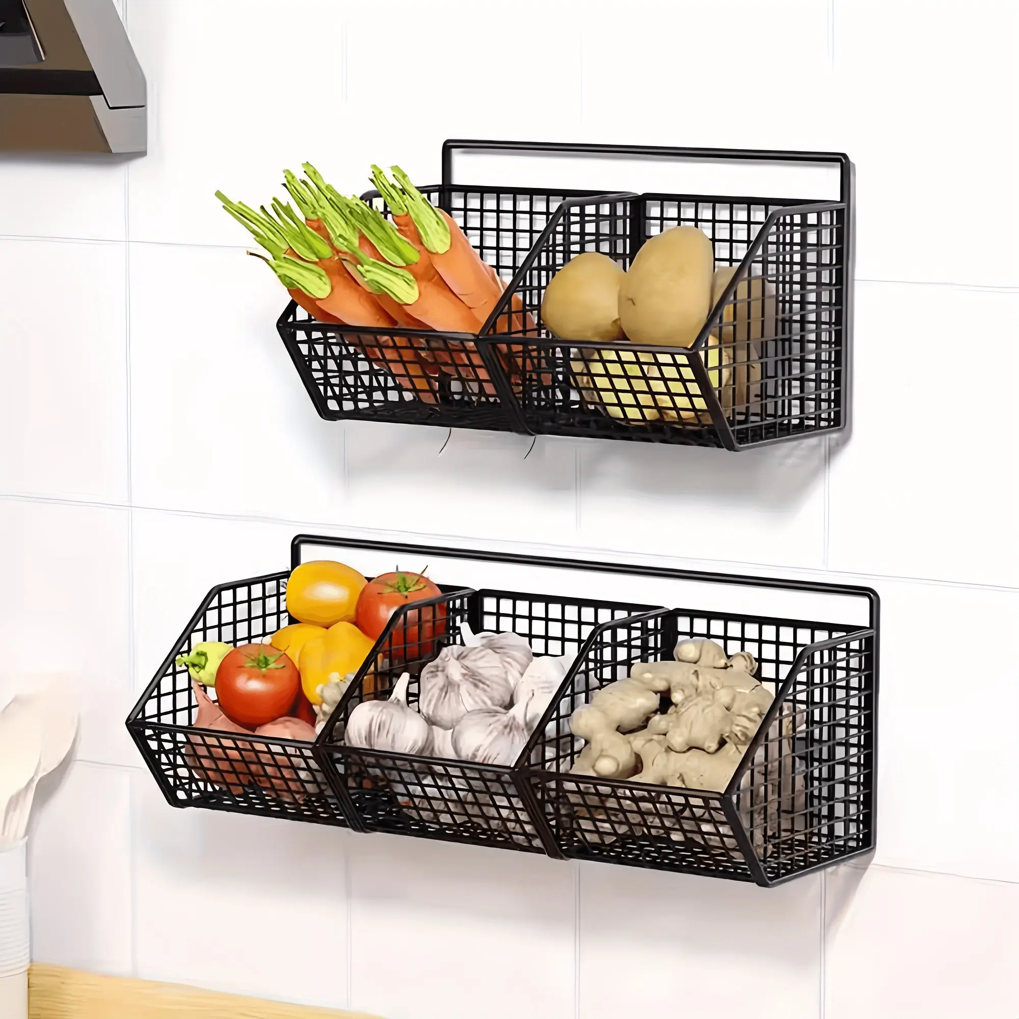 Wall-Mounted Wire Fruit Basket with Three Compartments, Kitchen Storage Solution, Bathroom Organizer Box, Wall Shelf for Pantry, Vegetable Basket, Home Organizers, Storage Unit, Baskets for Organizing, Kitchen Organizers and Storage