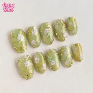 Green Bloom Handmade Press-On Nails | Short Square Shape, 10pcs | Elegant Fresh Floral Design | Green Gradient Base & Gold Foil Texture & 3D Flower & High Gloss Accents | Reusable DIY Nail Kit for Women | Trendy Nails for Spring, Summer, Dates & Daily