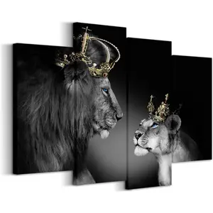 2D flat Unframed wall decor,Large 4 Panel Wall Decor The Lion King and Queen with Crown Wall Art African Wild Animals Canvas Prints Pictures Black and White Artistic Modern Giclee Framed Artwork for Master Room ,Unframed