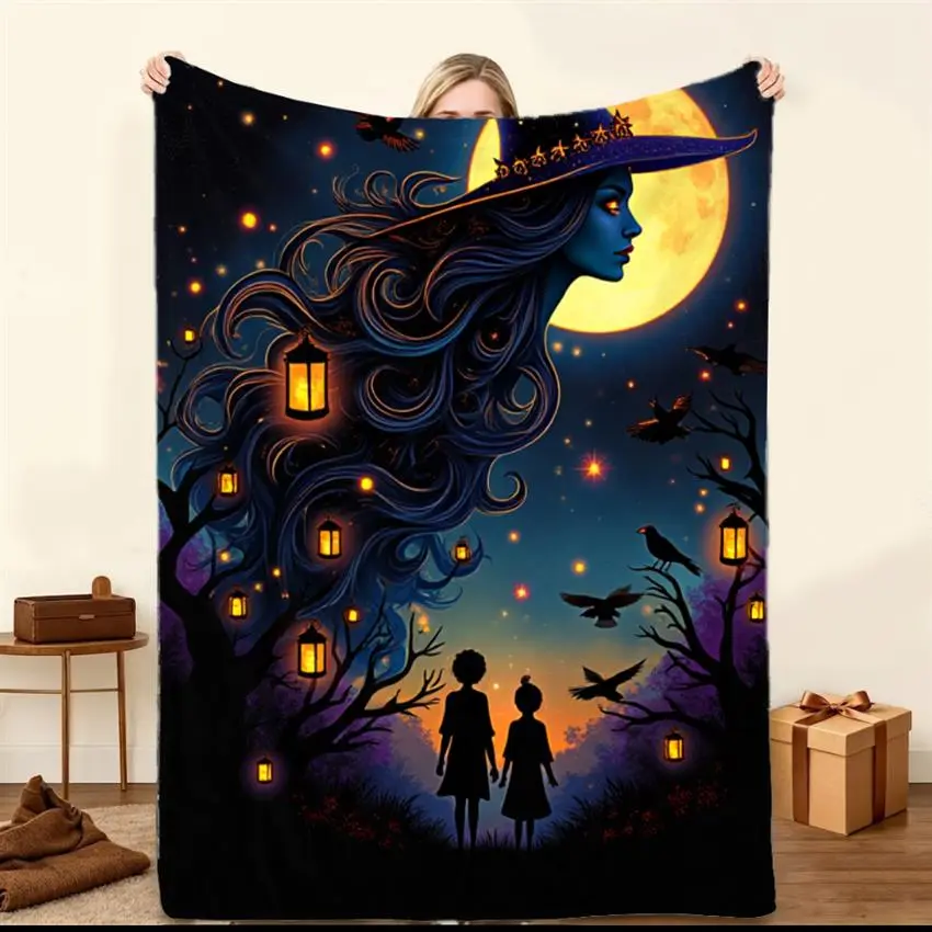 1pc Mystical Witch Neon Cosmic Blanket - Cozy Flannel Throw Suitable for Sofa, Travel & Camping, Lightweight Warm Bedspread with Celestial Moon, Crows Patterns, Machine Washable Gift for,, Office Use (-) # all-season