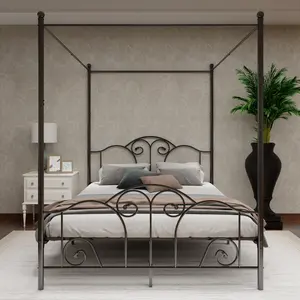 Canopy Bed with Vintage Style Headboard and Footboard,Four Poster Bed Frame with Storage