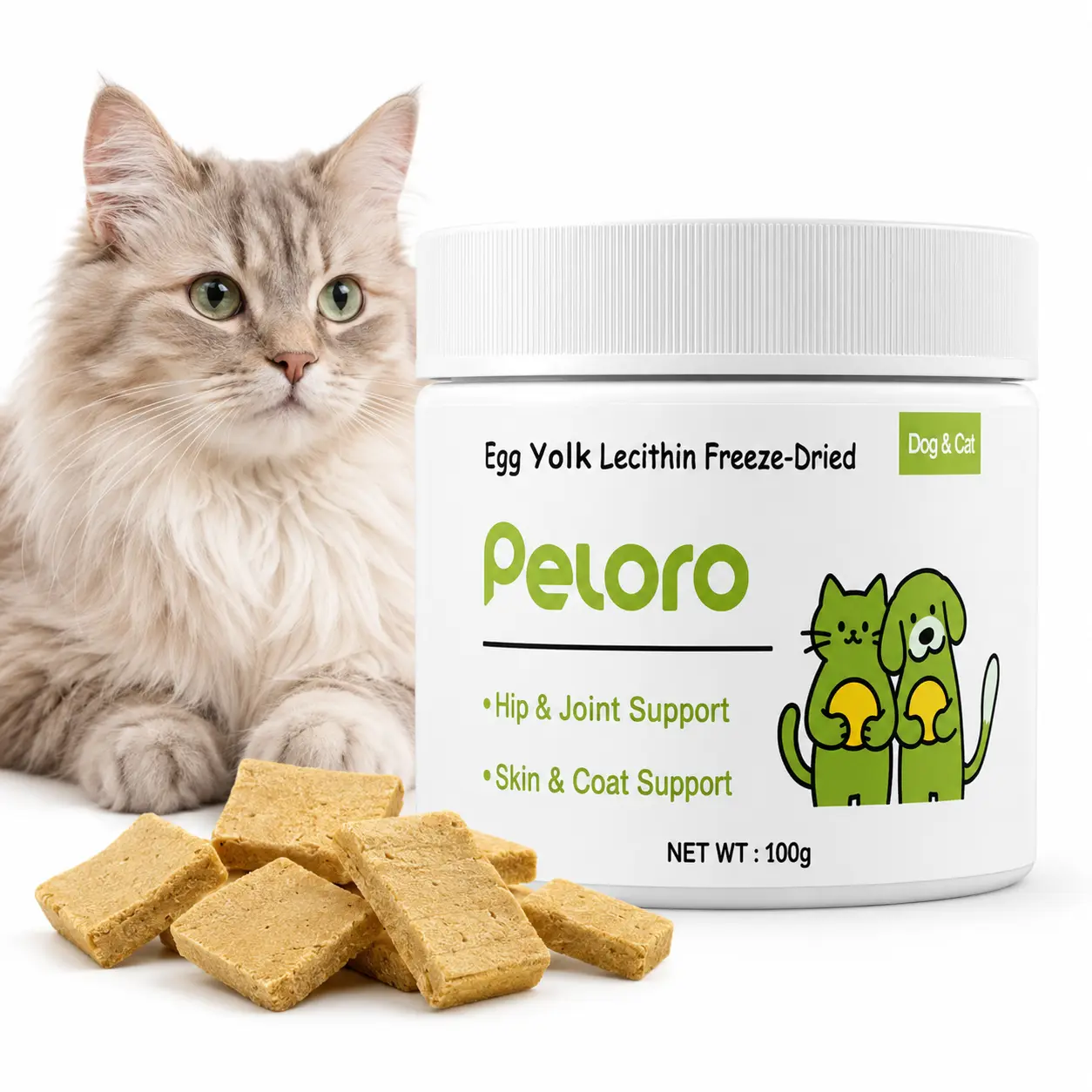 Peloro Freeze-Dried Cat Treats & Meal Topper, 35% Egg Yolk Lecithin Bites with Chicken & Animal-Derived Ingredients, 1.8% Norwegian Fish Oil, Gluten Free, Grain Free, Hair Care & Skin Support, for All Ages Indoor Cats, 24 Months Shelf Life, 100g, Supports