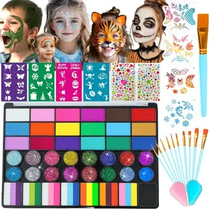 42 Colors Kids Face Painting Kit Professional Non-Toxic Water Activated Face Paint Makeup Palette with Brush Stencil Sponge Gem for Party Halloween Christmas