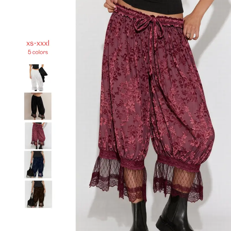 Mundoven Womens Lace Trim Long Bloomers Y2k Floral Ruffle Elastic Mid Rise Pettipants Cropped Flared Slips Pants
