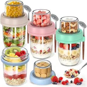 4 Pack Overnight Oats Containers with Lids and Spoons – 20 oz (16+4) Overnight Oats Jars with Dry and Wet Separation – Dual-Layer Yogurt Containers for Oatmeal, Cereal, Fruit Salad, Yogurt, Food Storage Containers, Kitchen Storage Containers