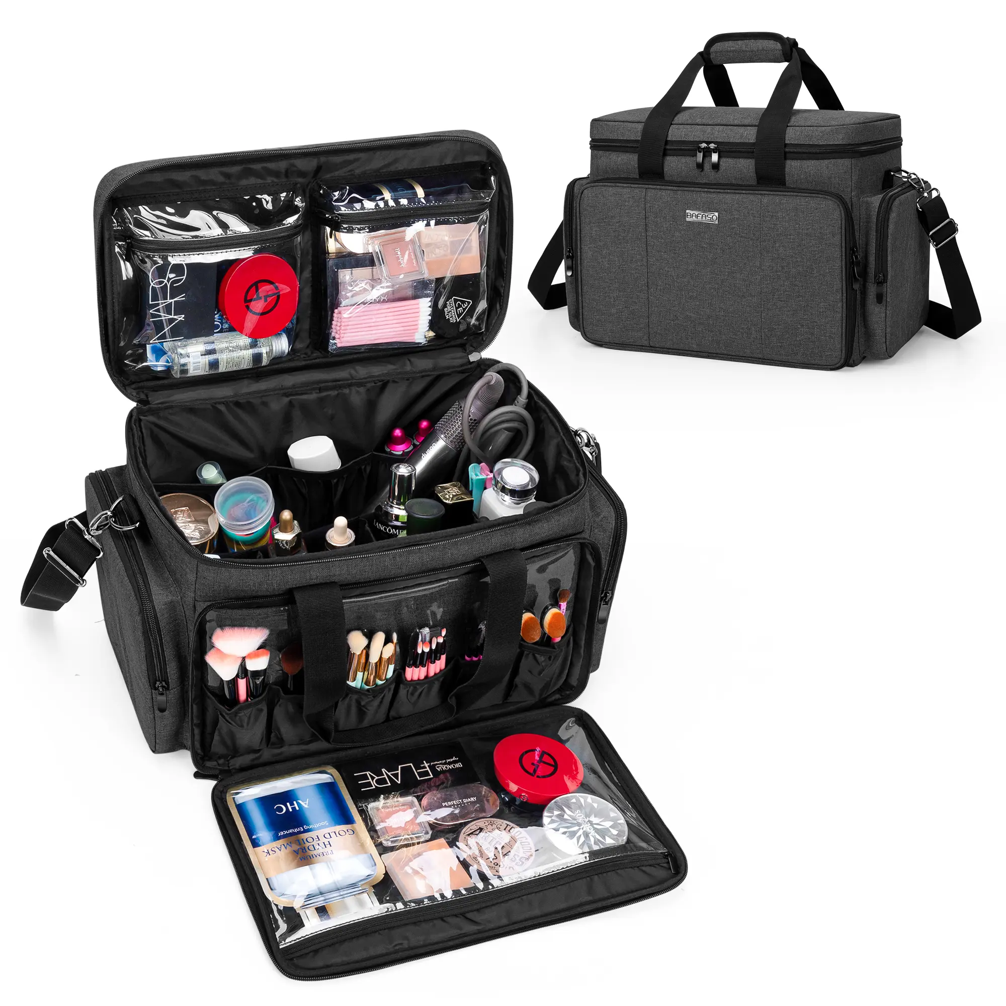 BAFASO Heavy Duty Nylon Multi-Use Structured Makeup Pouch - Handheld Cosmetic Pouch with Removable Dividers, Multi-Pocket Layout, Luggage-Attachable for Makeup Products & Hair Supplies summerwins